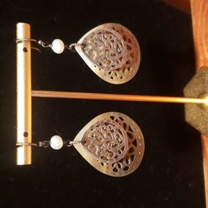 Silpada Sterling Silver, Filigree Carved Shell, Freshwater Pearl Earrings